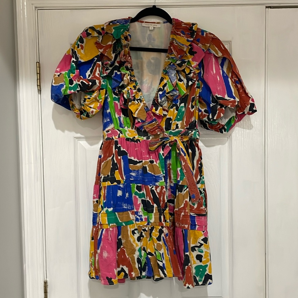 Colorful Abstract Print Mini Dress with Ruffle V-Neck